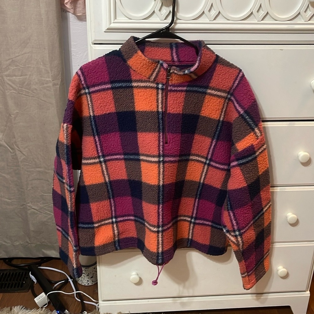 american eagle plaid sherpa half zip top-sweater